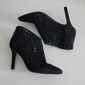 Tamara Mellon Black Suede Laser Cut Ankle Booties.